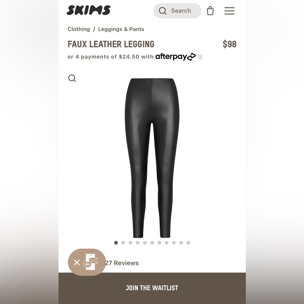 SKIMS FAUX LEATHER SKINNY ZIP LEGGINGS XL PREOWNED